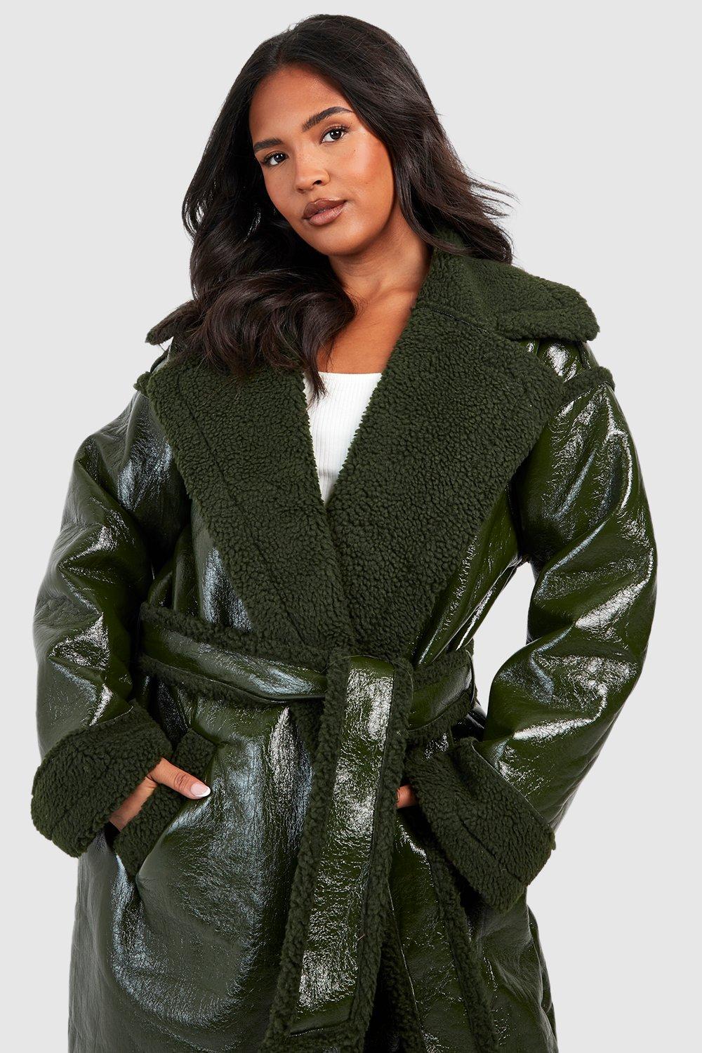 boohoo Plus Teddy Trim Vinyl Belted Coat Green Size 20